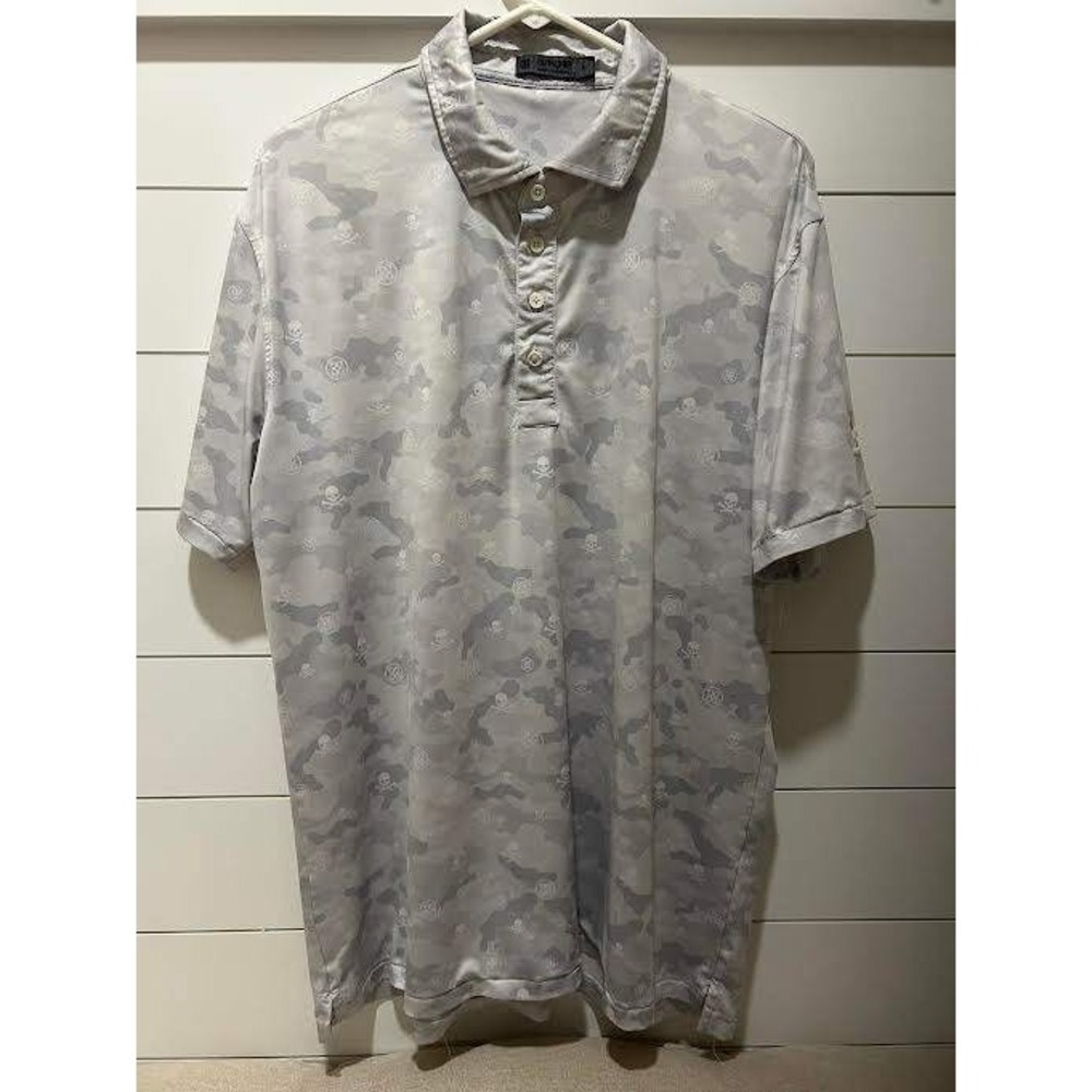 G/FORE Mens Camo Skull Golf Polo Shirt Gray White Size Large Short Sleeve